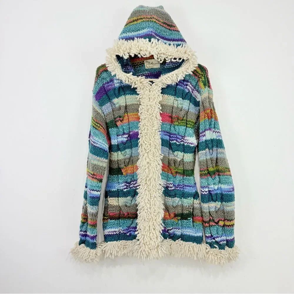 Amano Artisan Handmade Colorful Stripe Hooded Boho Fringe Retro Cardigan Sweater